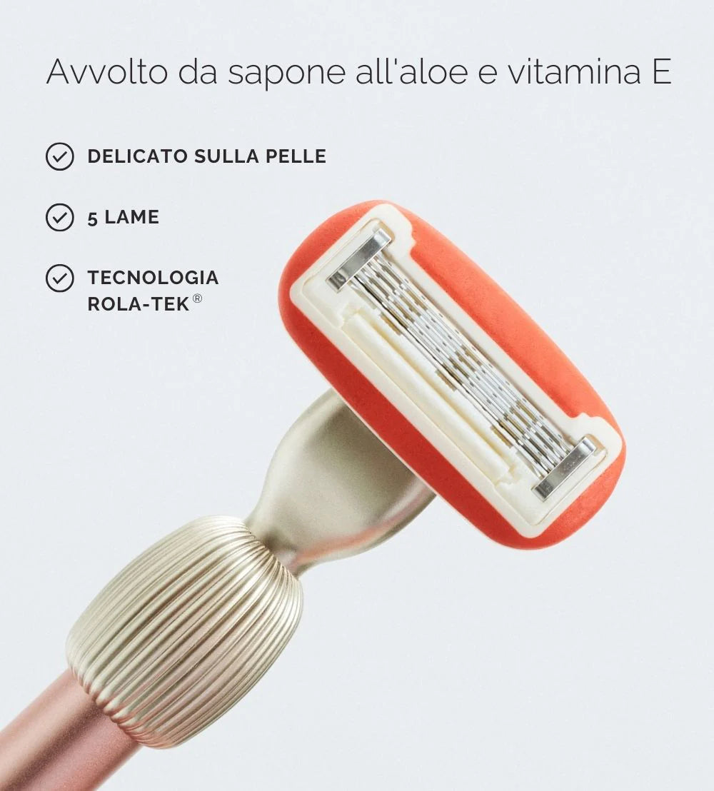 rasoio delicato sulla pelle con tecnologia Rola-Tek